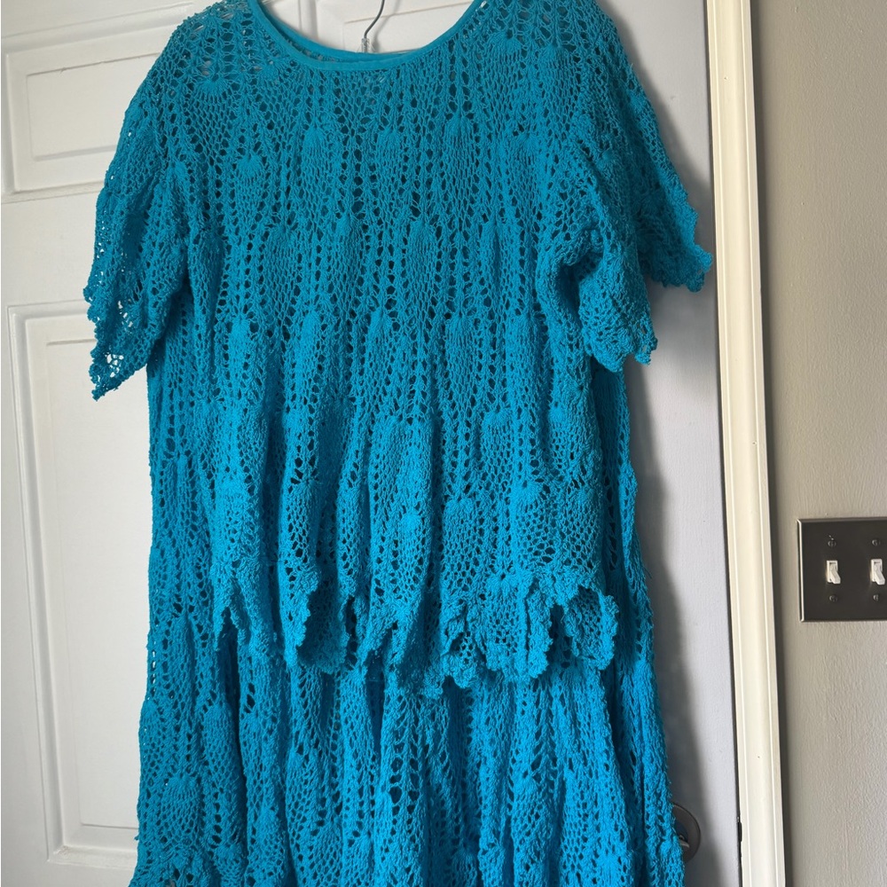 Chic Turquoise Crochet Midi Skirt